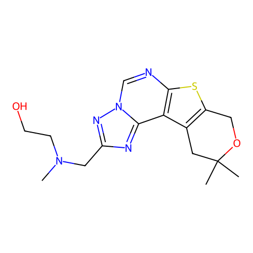 2-(((10,10-dimethyl-10,11-dihydro-8H-pyrano[4',3':4,5]thieno[3,2-e][1,2,4]triazolo[1,5-c]pyrimidin-2-yl)methyl)(methyl)amino)ethanol structure