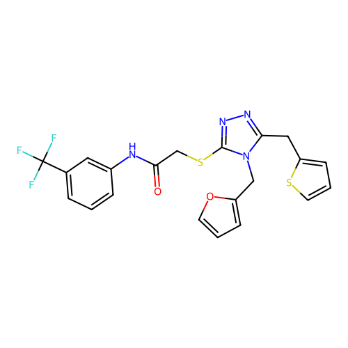 2-((4-(furan-2-ylmethyl)-5-(thiophen-2-ylmethyl)-4H-1,2,4-triazol-3-yl)thio)-N-(3-(trifluoromethyl)phenyl)acetamide structure