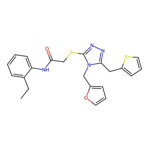 N-(2-ethylphenyl)-2-((4-(furan-2-ylmethyl)-5-(thiophen-2-ylmethyl)-4H-1,2,4-triazol-3-yl)thio)acetamide structure