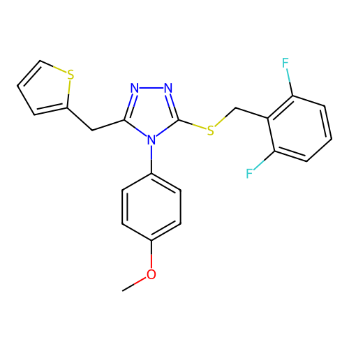 3-[(2,6-difluorophenyl)methylsulfanyl]-4-(4-methoxyphenyl)-5-(thiophen-2-ylmethyl)-1,2,4-triazole structure