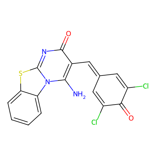 (E)-3-(3,5-dichloro-4-hydroxybenzylidene)-4-imino-3,4-dihydro-2H-benzo[4,5]thiazolo[3,2-a]pyrimidin-2-one structure