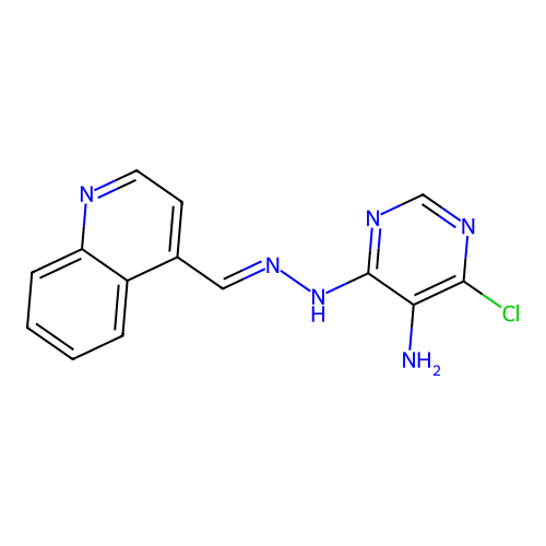4-chloro-6-[(2E)-2-(quinolin-4-ylmethylidene)hydrazinyl]pyrimidin-5-amine structure