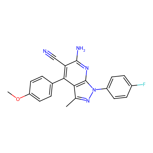 6-amino-1-(4-fluorophenyl)-4-(4-methoxyphenyl)-3-methyl-1H-pyrazolo[3,4-b]pyridine-5-carbonitrile structure