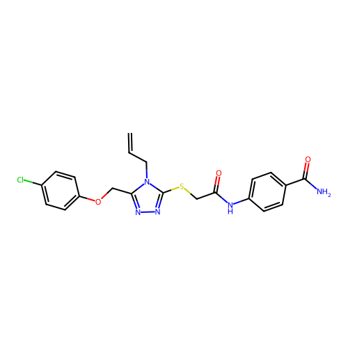 4-{[({5-[(4-chlorophenoxy)methyl]-4-(prop-2-en-1-yl)-4H-1,2,4-triazol-3-yl}sulfanyl)acetyl]amino}benzamide structure