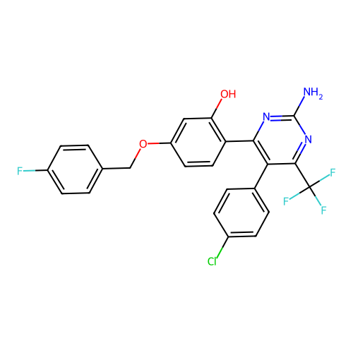 2-[2-amino-5-(4-chlorophenyl)-6-(trifluoromethyl)-4-pyrimidinyl]-5-[(4-fluorobenzyl)oxy]phenol structure