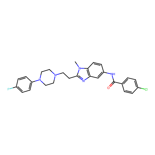 4-chloro-N-(2-(2-(4-(4-fluorophenyl)piperazin-1-yl)ethyl)-1-methyl-1H-benzo[d]imidazol-5-yl)benzamide structure