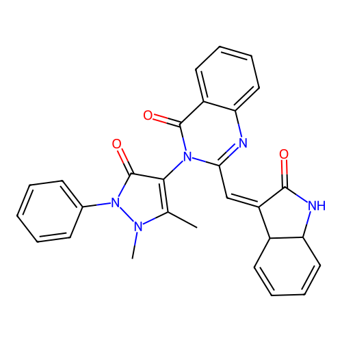 (Z)-3-(1,5-dimethyl-3-oxo-2-phenyl-2,3-dihydro-1H-pyrazol-4-yl)-2-((2-oxo-1H-indol-3(2H,3aH,7aH)-ylidene)methyl)quinazolin-4(3H)-one structure