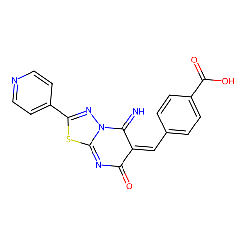 (E)-4-((5-imino-7-oxo-2-(pyridin-4-yl)-5H-[1,3,4]thiadiazolo[3,2-a]pyrimidin-6(7H)-ylidene)methyl)benzoic acid structure