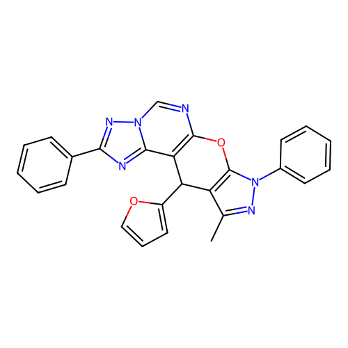 11-(furan-2-yl)-10-methyl-2,8-diphenyl-8,11-dihydropyrazolo[4',3':5,6]pyrano[3,2-e][1,2,4]triazolo[1,5-c]pyrimidine structure