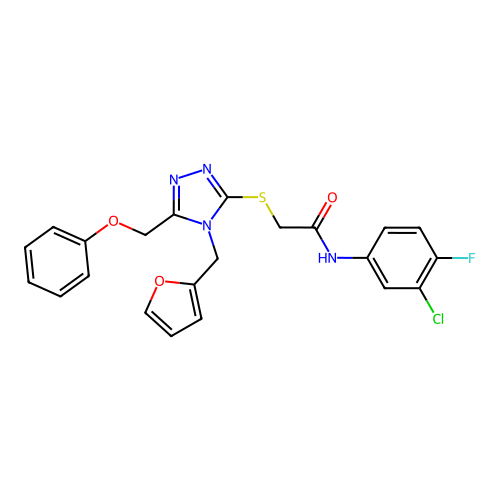 N-(3-chloro-4-fluorophenyl)-2-{[4-(furan-2-ylmethyl)-5-(phenoxymethyl)-4H-1,2,4-triazol-3-yl]sulfanyl}acetamide structure
