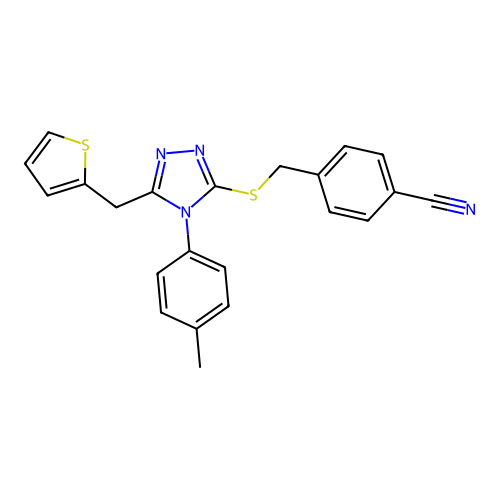 4-({[4-(4-methylphenyl)-5-(thiophen-2-ylmethyl)-4H-1,2,4-triazol-3-yl]sulfanyl}methyl)benzonitrile structure