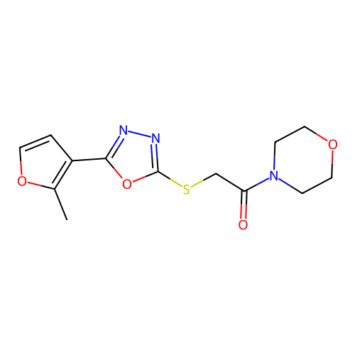 2-[[5-(2-methylfuran-3-yl)-1,3,4-oxadiazol-2-yl]sulfanyl]-1-morpholin-4-ylethanone structure