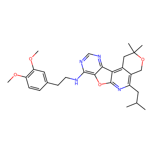 N-(3,4-dimethoxyphenethyl)-5-isobutyl-2,2-dimethyl-2,4-dihydro-1H-pyrano[4'',3'':4',5']pyrido[3',2':4,5]furo[3,2-d]pyrimidin-8-amine structure