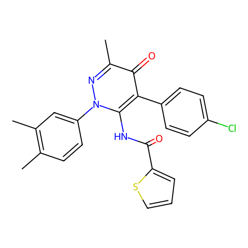 N-(4-(4-chlorophenyl)-2-(3,4-dimethylphenyl)-6-methyl-5-oxo-2,5-dihydropyridazin-3-yl)thiophene-2-carboxamide structure