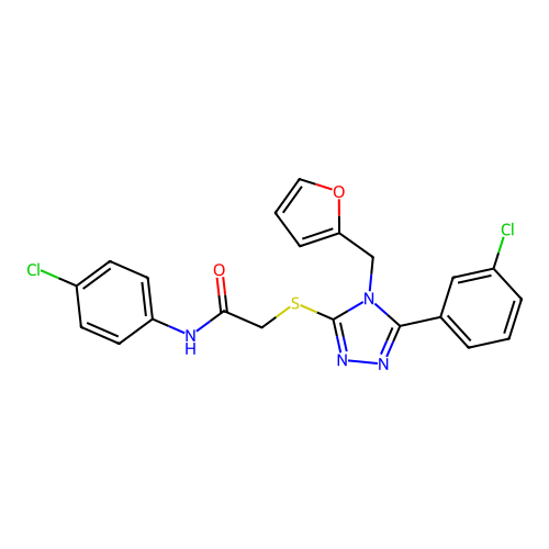 N-(4-chlorophenyl)-2-{[5-(3-chlorophenyl)-4-(furan-2-ylmethyl)-4H-1,2,4-triazol-3-yl]sulfanyl}acetamide structure