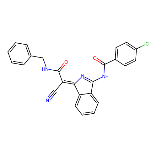 (Z)-N-(1-(2-(benzylamino)-1-cyano-2-oxoethylidene)-1H-isoindol-3-yl)-4-chlorobenzamide structure