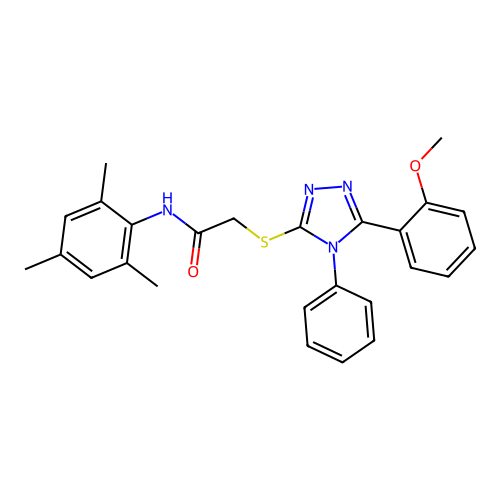 2-[[5-(2-methoxyphenyl)-4-phenyl-1,2,4-triazol-3-yl]sulfanyl]-N-(2,4,6-trimethylphenyl)acetamide structure
