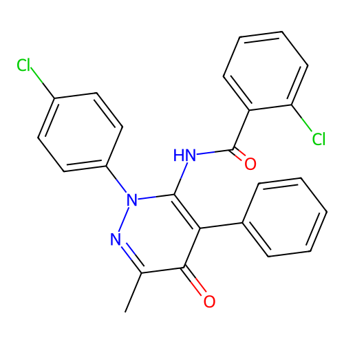 2-chloro-N-[2-(4-chlorophenyl)-6-methyl-5-oxo-4-phenyl-pyridazin-3-yl]benzamide structure