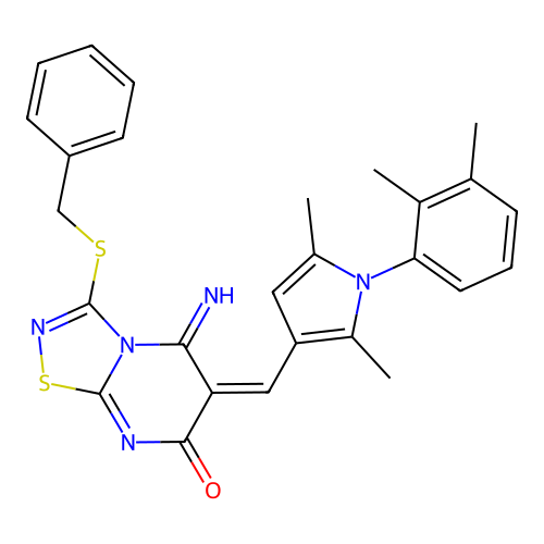 (E)-3-(benzylthio)-6-((1-(2,3-dimethylphenyl)-2,5-dimethyl-1H-pyrrol-3-yl)methylene)-5-imino-5H-[1,2,4]thiadiazolo[4,5-a]pyrimidin-7(6H)-one structure