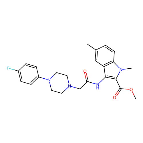 methyl 3-({[4-(4-fluorophenyl)piperazin-1-yl]acetyl}amino)-1,5-dimethyl-1H-indole-2-carboxylate structure