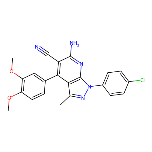 6-amino-1-(4-chlorophenyl)-4-(3,4-dimethoxyphenyl)-3-methyl-1H-pyrazolo[3,4-b]pyridine-5-carbonitrile structure