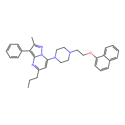2-methyl-7-{4-[2-(naphthalen-1-yloxy)ethyl]piperazin-1-yl}-3-phenyl-5-propylpyrazolo[1,5-a]pyrimidine structure