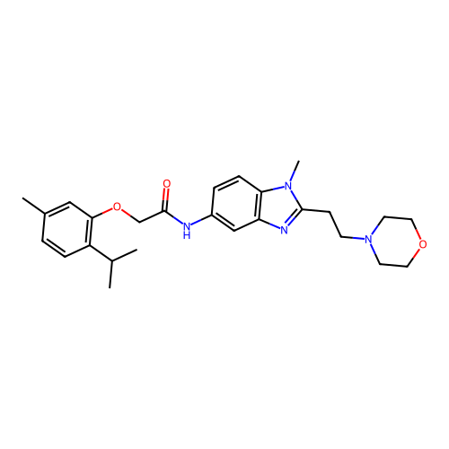 2-(2-isopropyl-5-methylphenoxy)-N-(1-methyl-2-(2-morpholinoethyl)-1H-benzo[d]imidazol-5-yl)acetamide structure