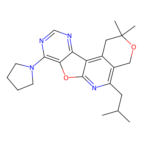 2,2-dimethyl-5-(2-methylpropyl)-8-(pyrrolidin-1-yl)-1,4-dihydro-2H-pyrano[4'',3'':4',5']pyrido[3',2':4,5]furo[3,2-d]pyrimidine structure