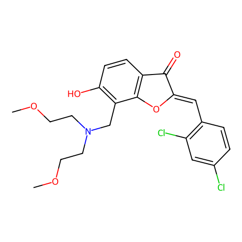 (Z)-7-((bis(2-methoxyethyl)amino)methyl)-2-(2,4-dichlorobenzylidene)-6-hydroxybenzofuran-3(2H)-one structure