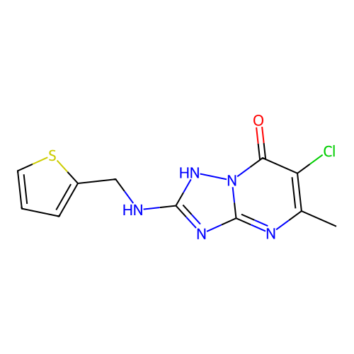 6-chloro-5-methyl-2-((thiophen-2-ylmethyl)amino)-[1,2,4]triazolo[1,5-a]pyrimidin-7(4H)-one structure