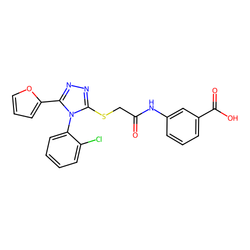 3-(2-((4-(2-chlorophenyl)-5-(furan-2-yl)-4H-1,2,4-triazol-3-yl)thio)acetamido)benzoic acid structure