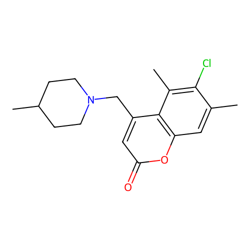 6-chloro-5,7-dimethyl-4-((4-methylpiperidin-1-yl)methyl)-2H-chromen-2-one structure
