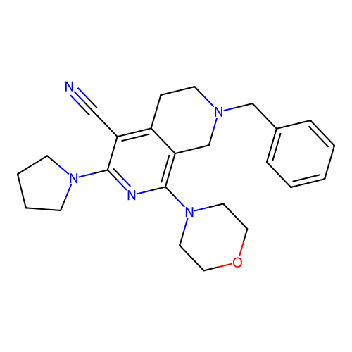 7-benzyl-1-morpholin-4-yl-3-pyrrolidin-1-yl-6,8-dihydro-5H-2,7-naphthyridine-4-carbonitrile structure