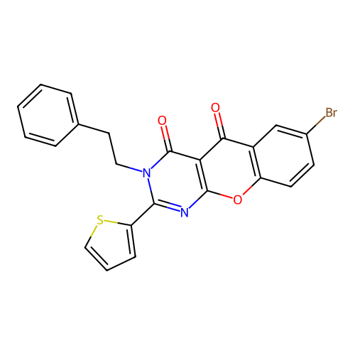 7-bromo-3-phenethyl-2-thiophen-2-ylchromeno[2,3-d]pyrimidine-4,5-dione structure