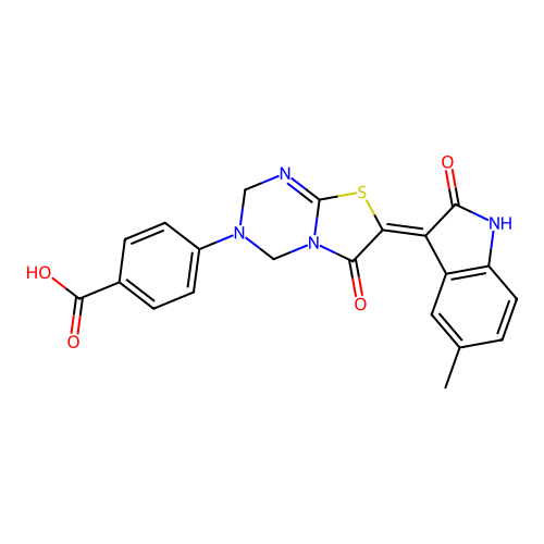(Z)-4-(7-(5-methyl-2-oxoindolin-3-ylidene)-6-oxo-6,7-dihydro-2H-thiazolo[3,2-a][1,3,5]triazin-3(4H)-yl)benzoic acid structure