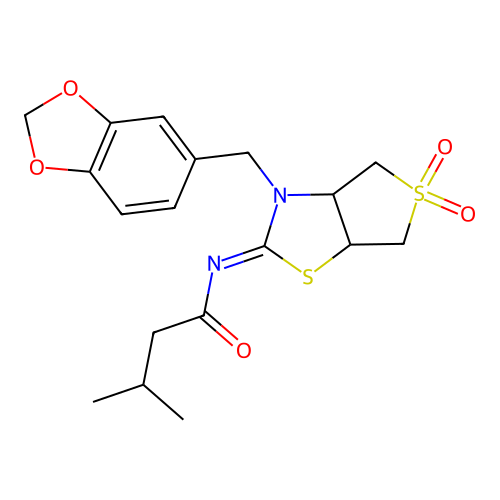 N-[(2Z)-3-(1,3-benzodioxol-5-ylmethyl)-5,5-dioxidotetrahydrothieno[3,4-d][1,3]thiazol-2(3H)-ylidene]-3-methylbutanamide structure