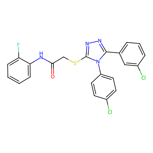 2-[[5-(3-chlorophenyl)-4-(4-chlorophenyl)-1,2,4-triazol-3-yl]sulfanyl]-N-(2-fluorophenyl)acetamide structure