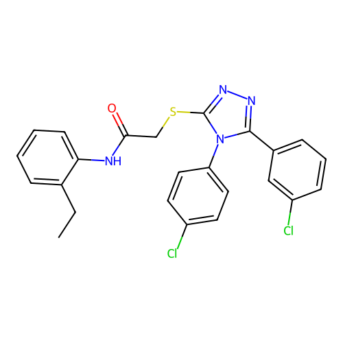 2-[[5-(3-chlorophenyl)-4-(4-chlorophenyl)-1,2,4-triazol-3-yl]sulfanyl]-N-(2-ethylphenyl)acetamide structure