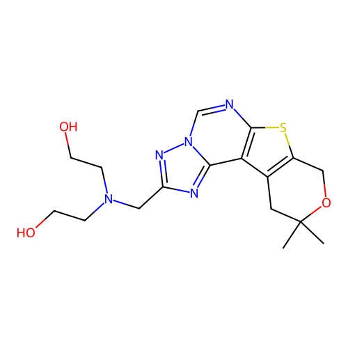 2,2'-(((10,10-dimethyl-10,11-dihydro-8H-pyrano[4',3':4,5]thieno[3,2-e][1,2,4]triazolo[1,5-c]pyrimidin-2-yl)methyl)azanediyl)diethanol structure