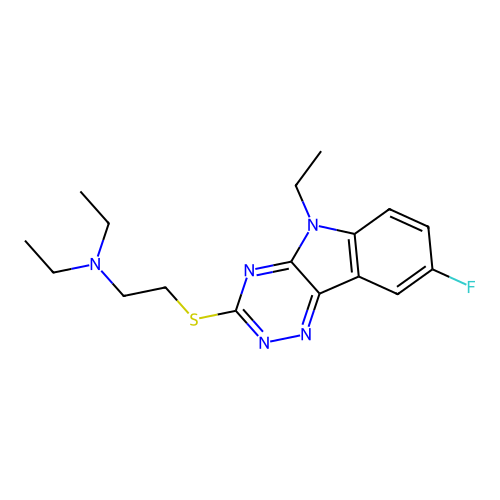 N,N-diethyl-2-((5-ethyl-8-fluoro-5H-[1,2,4]triazino[5,6-b]indol-3-yl)thio)ethanamine structure