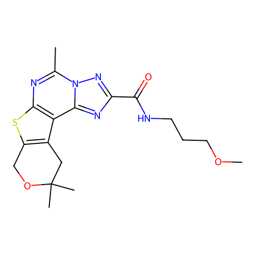 N-(3-methoxypropyl)-5,10,10-trimethyl-10,11-dihydro-8H-pyrano[4',3':4,5]thieno[3,2-e][1,2,4]triazolo[1,5-c]pyrimidine-2-carboxamide structure