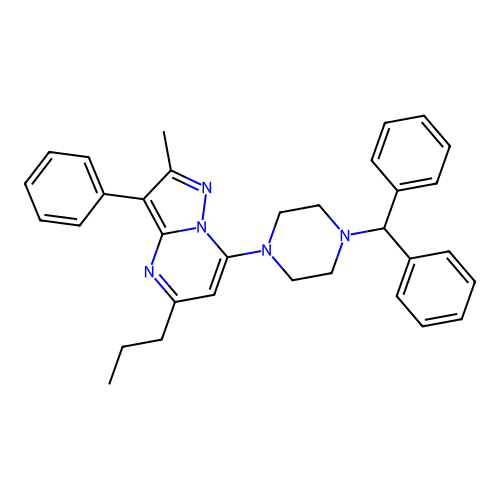 7-[4-(diphenylmethyl)piperazin-1-yl]-2-methyl-3-phenyl-5-propylpyrazolo[1,5-a]pyrimidine structure