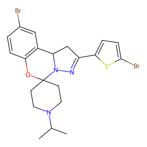 9'-bromo-2'-(5-bromothiophen-2-yl)-1-(propan-2-yl)-1',10b'-dihydrospiro[piperidine-4,5'-pyrazolo[1,5-c][1,3]benzoxazine] structure