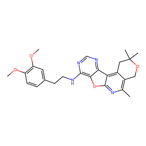 N-(3,4-dimethoxyphenethyl)-2,2,5-trimethyl-2,4-dihydro-1H-pyrano[4'',3'':4',5']pyrido[3',2':4,5]furo[3,2-d]pyrimidin-8-amine structure