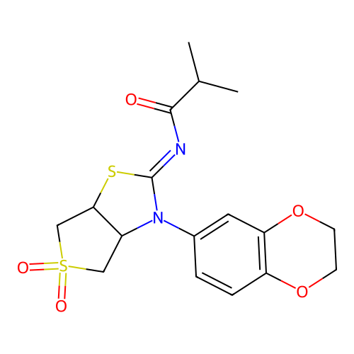 (Z)-N-(3-(2,3-dihydrobenzo[b][1,4]dioxin-6-yl)-5,5-dioxidotetrahydrothieno[3,4-d]thiazol-2(3H)-ylidene)isobutyramide structure