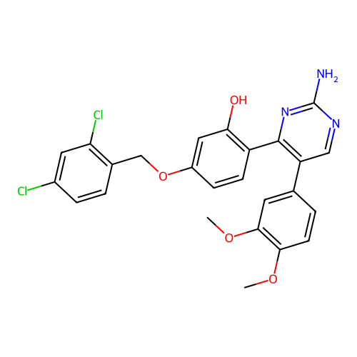 2-(2-amino-5-(3,4-dimethoxyphenyl)pyrimidin-4-yl)-5-((2,4-dichlorobenzyl)oxy)phenol structure