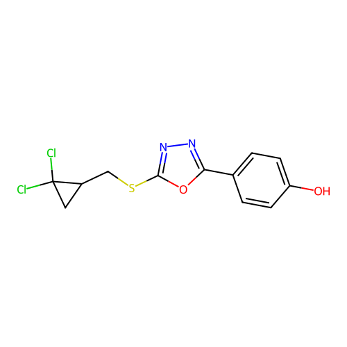 4-(5-{[(2,2-Dichlorocyclopropyl)methyl]sulfanyl}-1,3,4-oxadiazol-2-yl)phenol structure