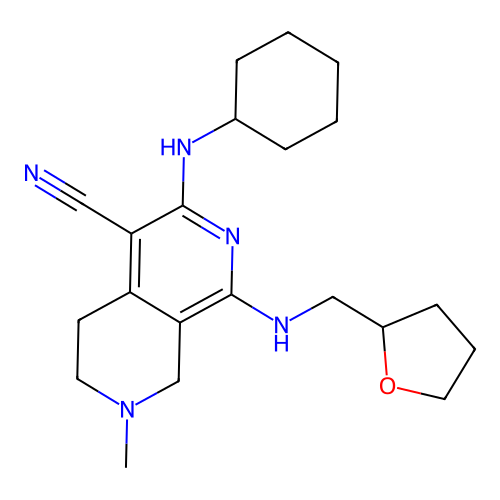 3-(cyclohexylamino)-7-methyl-1-(((tetrahydrofuran-2-yl)methyl)amino)-5,6,7,8-tetrahydro-2,7-naphthyridine-4-carbonitrile structure
