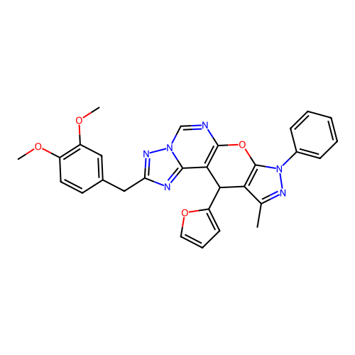 2-(3,4-dimethoxybenzyl)-11-(furan-2-yl)-10-methyl-8-phenyl-8,11-dihydropyrazolo[4',3':5,6]pyrano[3,2-e][1,2,4]triazolo[1,5-c]pyrimidine structure