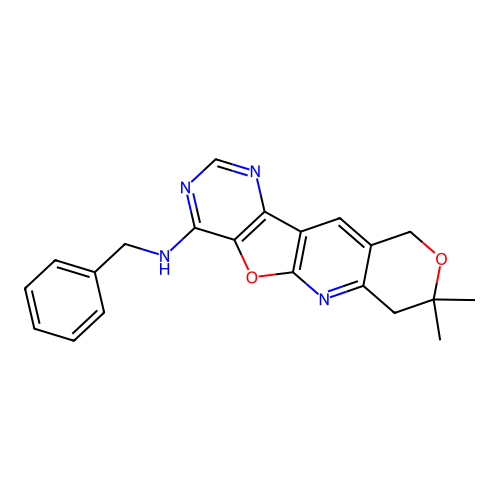 N-benzyl-8,8-dimethyl-7,10-dihydro-8H-pyrano[3'',4'':5',6']pyrido[3',2':4,5]furo[3,2-d]pyrimidin-4-amine structure